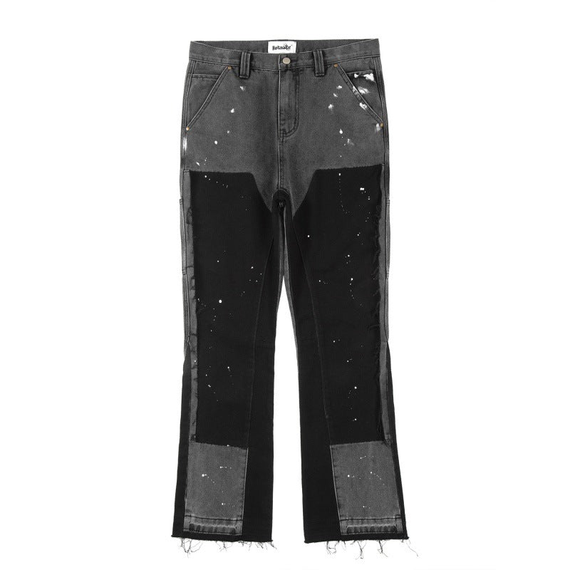 Black and Blue Paint-Splatter Side-Stripe Baggy Jeans