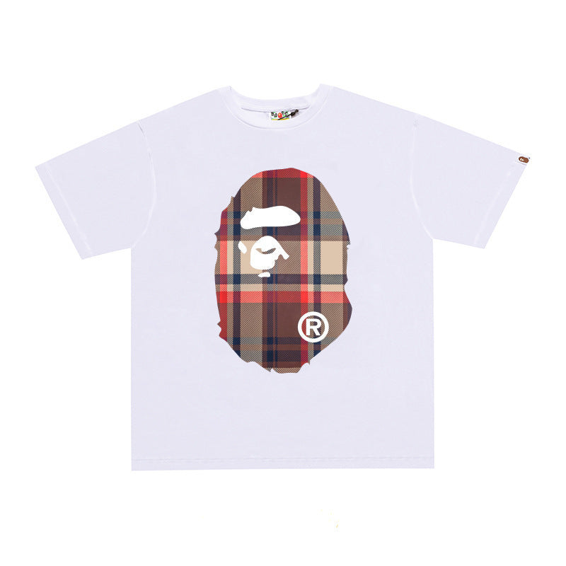 Plaid-pattern cotton short sleeve tee with graphic print