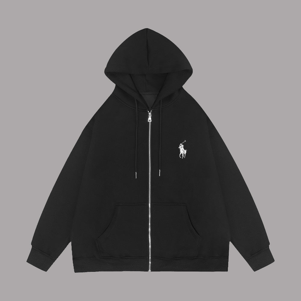 Black Cotton-Blend Relaxed-Fit Full-Zip Hoodie with Kangaroo Pocket