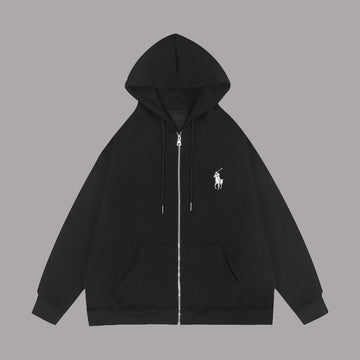 Black Cotton-Blend Relaxed-Fit Full-Zip Hoodie with Kangaroo Pocket
