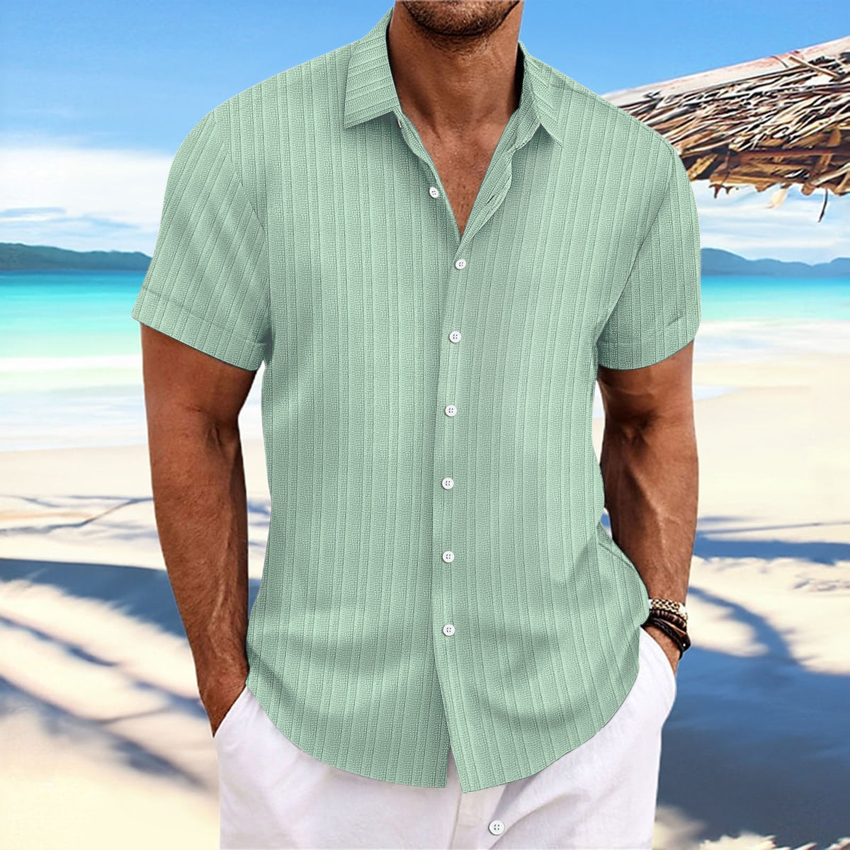 Jacquard striped short-sleeve cotton linen shirt