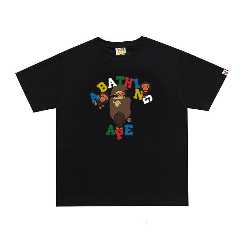 Plaid-pattern cotton short sleeve tee with graphic print