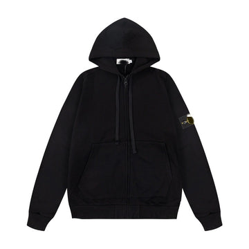 Solid-color hooded zip-up jacket with embroidered badge