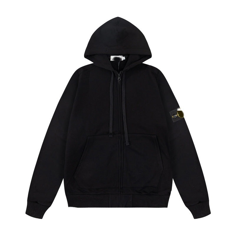 Solid-color hooded zip-up jacket with embroidered badge