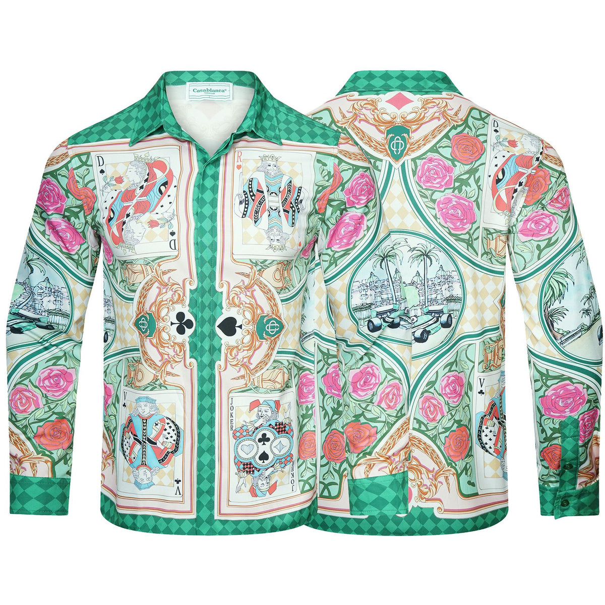 Long-sleeve checkered shirt with tropical graphic print and pastel trim