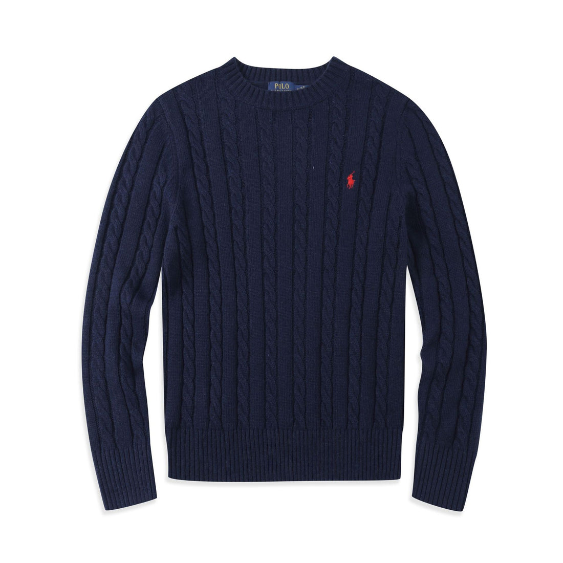 Cable-knit crew neck and V-neck sweater in cotton blend