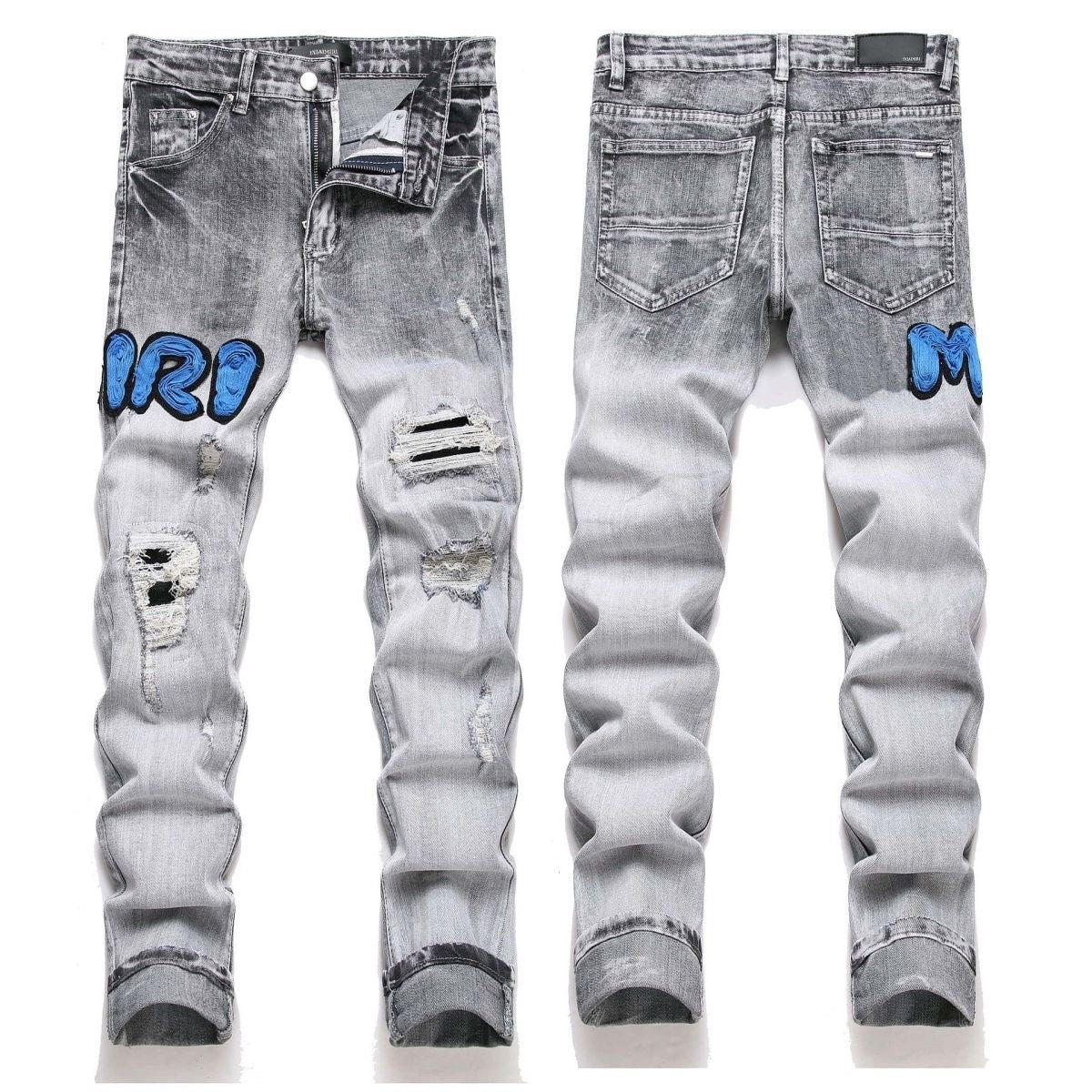 Distressed Straight-Leg Denim Jeans in Blue Black Gray or White