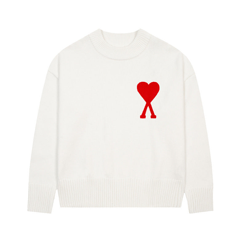 Men's round neck knit sweater with heart embroidery