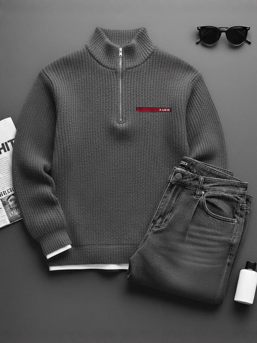 Textured jacquard half-zip waffle-knit sweatshirt