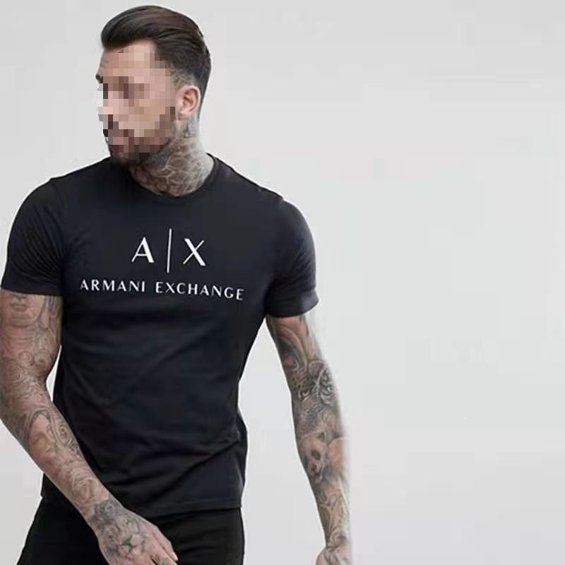 Black short-sleeve round-neck cotton t-shirt with subtle vertical metallic print