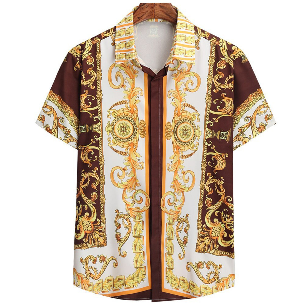 Baroque-print short-sleeve cotton button-up shirt in brown gold white orange