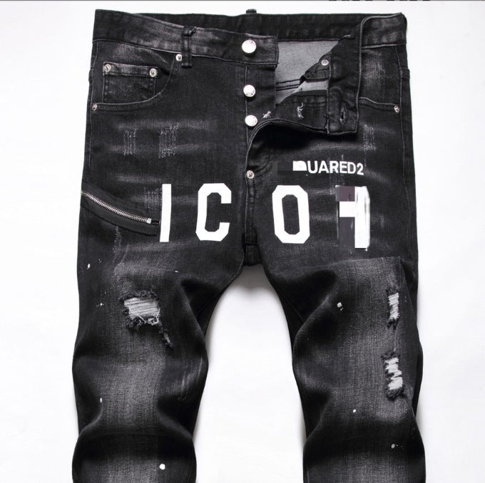 Black Distressed Slim-Fit Denim Jeans with Paint-Splatter Detail