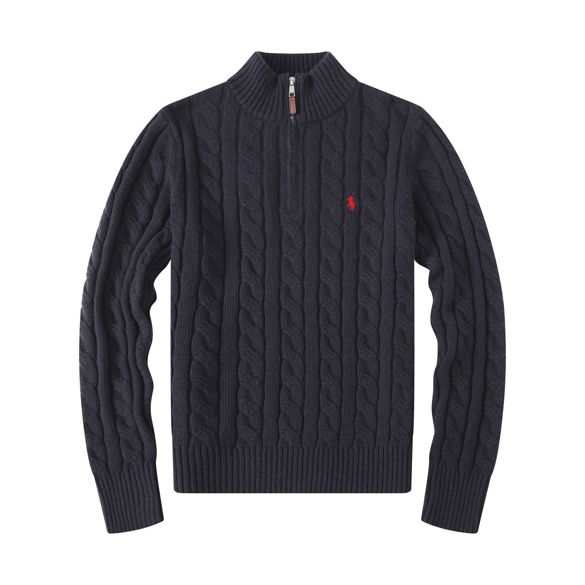 Navy Cable-Knit Crew Neck Pullover Sweater