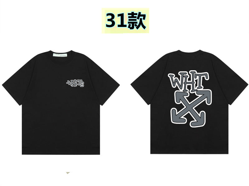Round neck short sleeve cotton t-shirt with front 'Off' print and large back arrow graphic