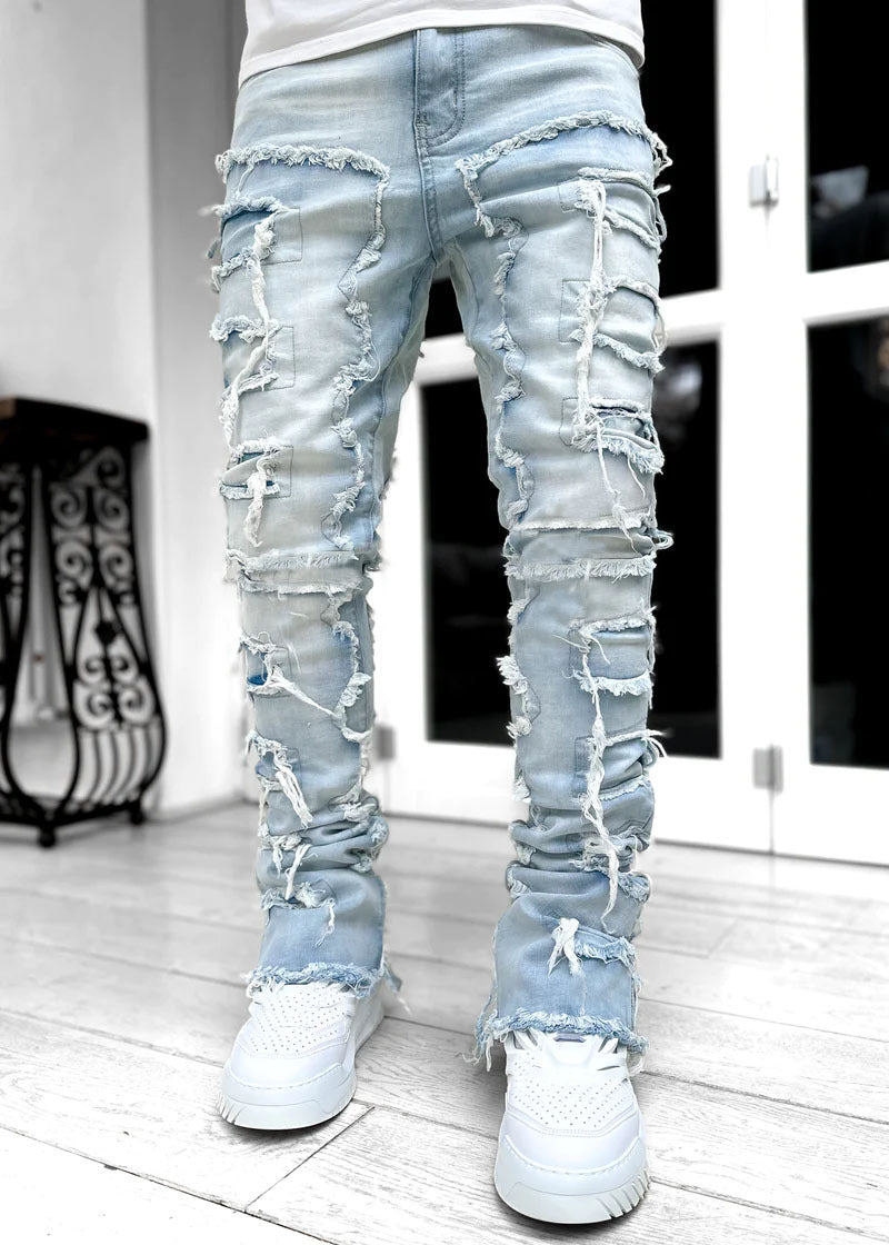 Light-Wash Distressed Straight-Cut Denim Pants