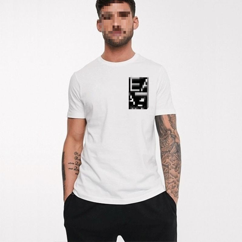 Black short-sleeve round-neck cotton t-shirt with subtle vertical metallic print
