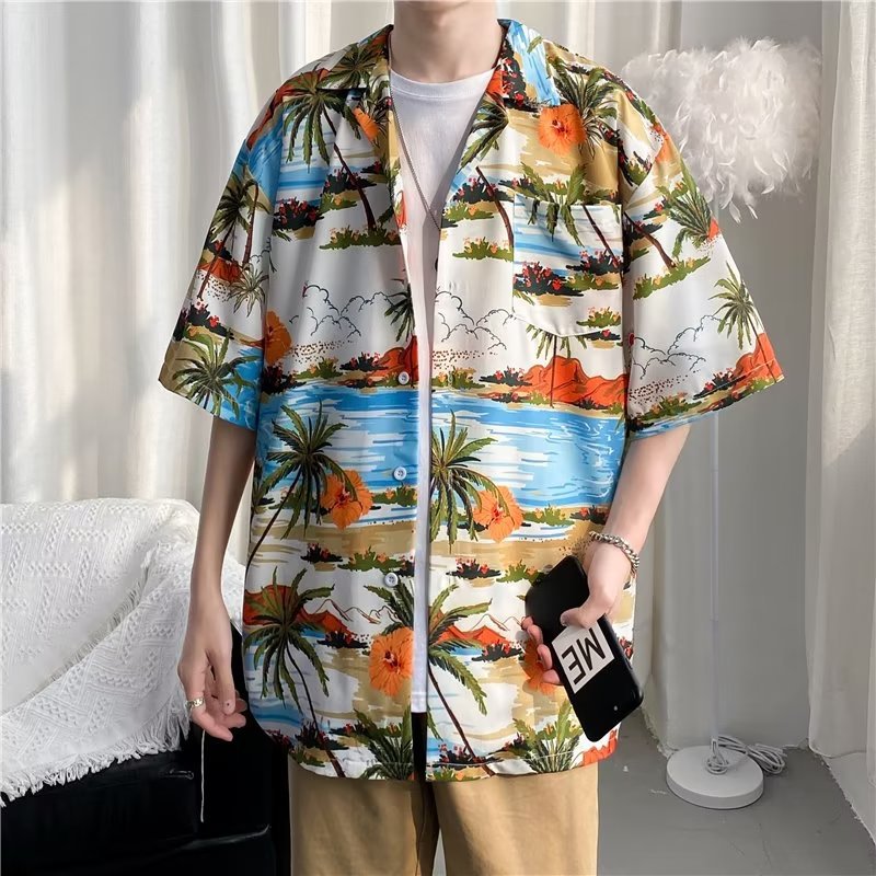 Tropical leaf print short sleeve button up shirt