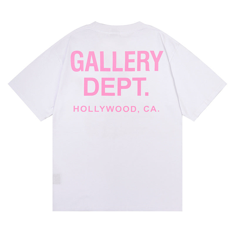 Cotton Crew Neck T-Shirt with Retro Letter Print in Solid Colors