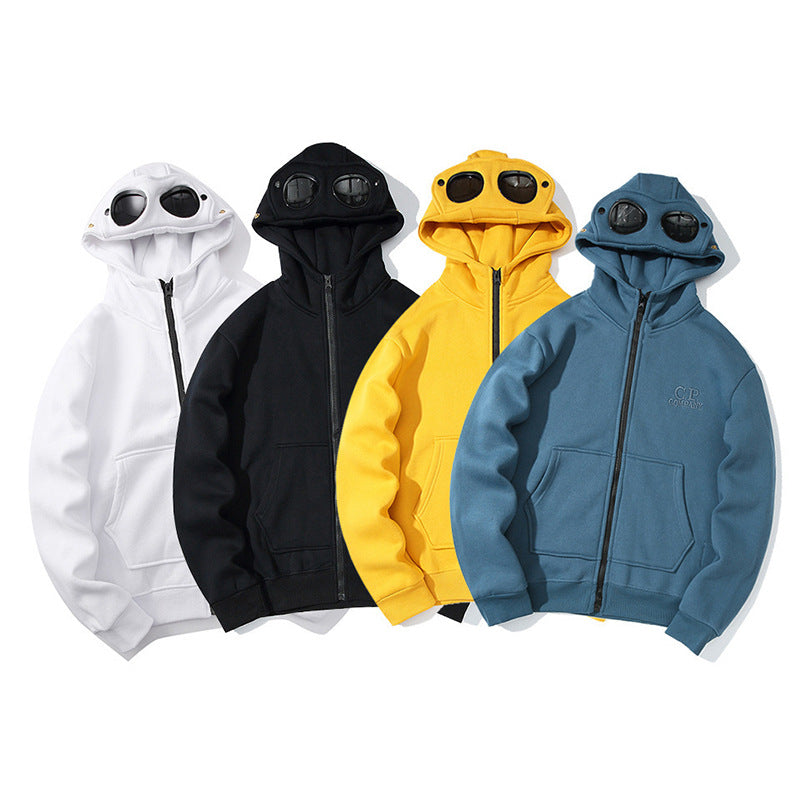 Round-Lens Hooded Pullover with Goggle-Eye Hood