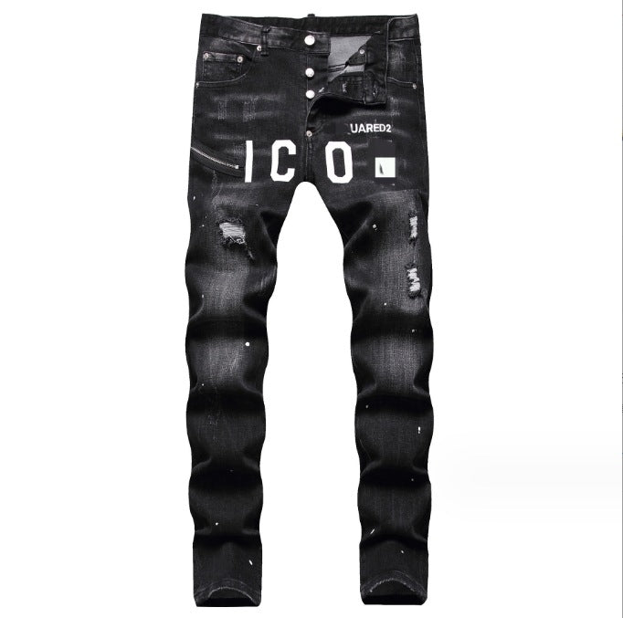 Black Distressed Slim-Fit Denim Jeans with Paint-Splatter Detail