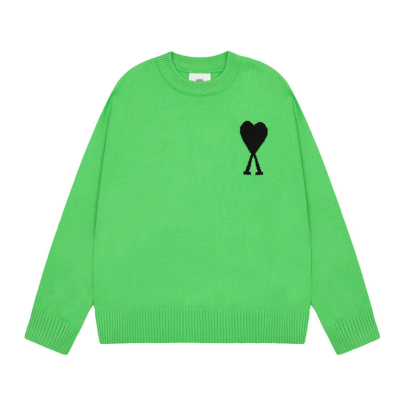 Men's round neck knit sweater with heart embroidery