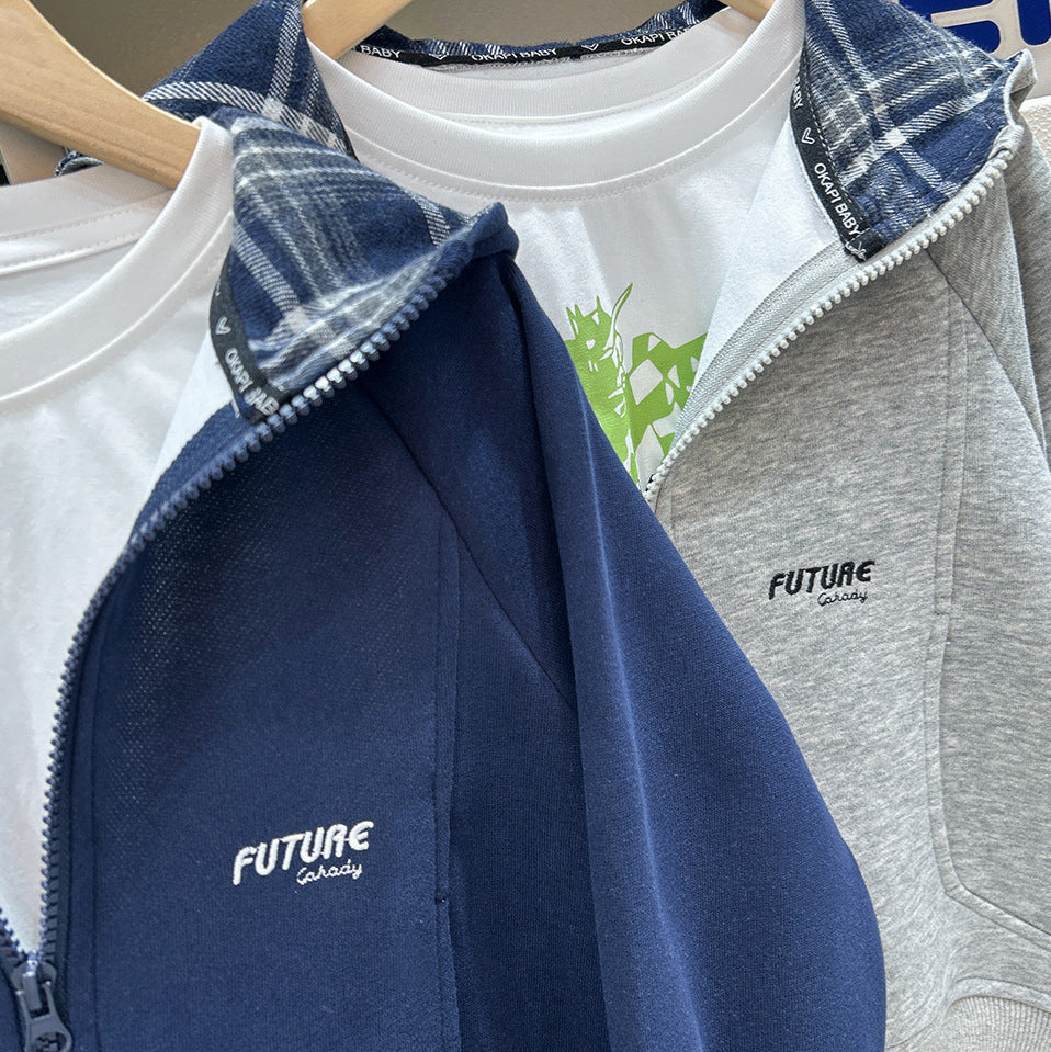 Gray or Navy Hooded Windproof Jacket with Check-Lined Interior