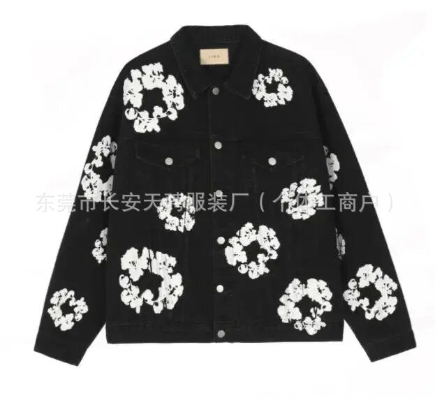 Black denim jacket with white floral embroidery