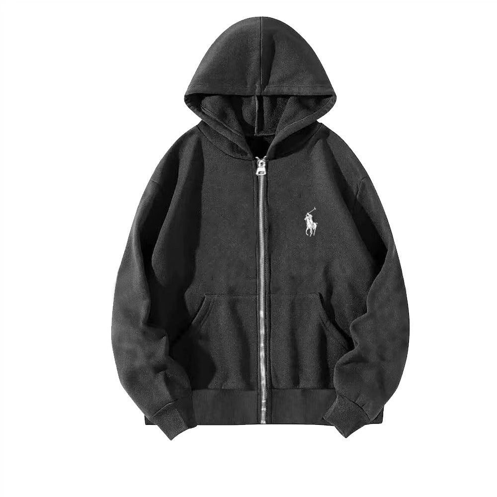 Black Cotton-Blend Relaxed-Fit Full-Zip Hoodie with Kangaroo Pocket