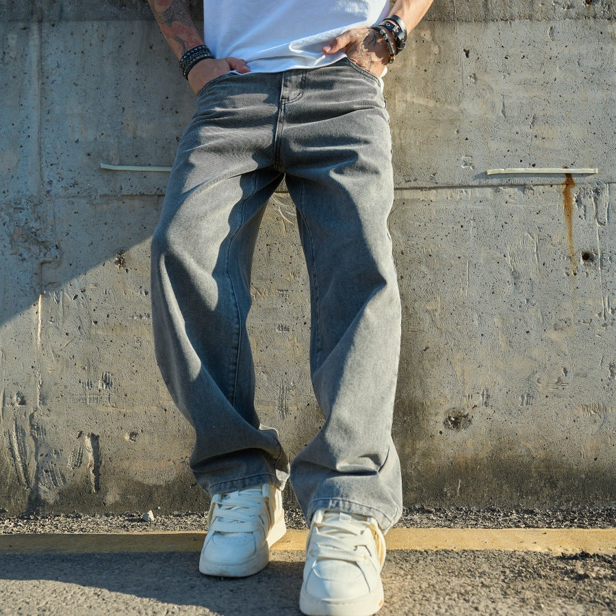 Washed Gray and White Relaxed-Fit Denim Jeans