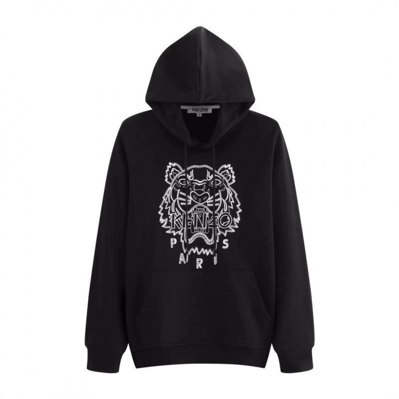 Black Terry Crewneck Sweatshirt with Embroidered Tiger Motif