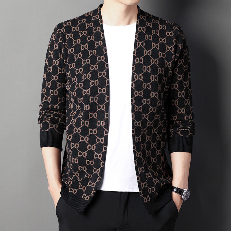 Black and Camel Ribbed Cuff Knit Cardigan