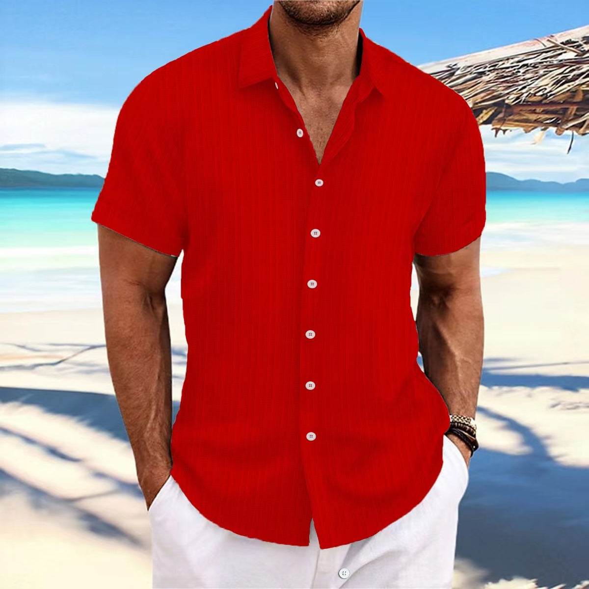 Jacquard striped short-sleeve cotton linen shirt