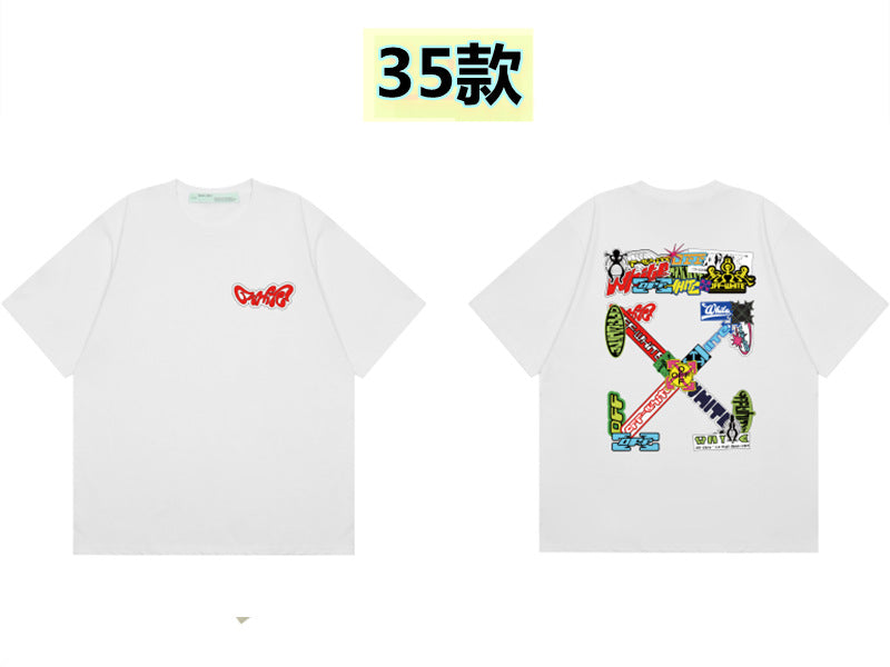 Round neck short sleeve cotton t-shirt with front 'Off' print and large back arrow graphic
