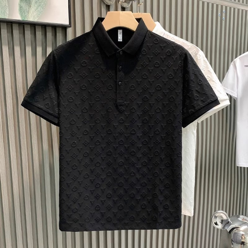 Black and White Jacquard-Textured Relaxed-Fit Breathable Polo Shirt
