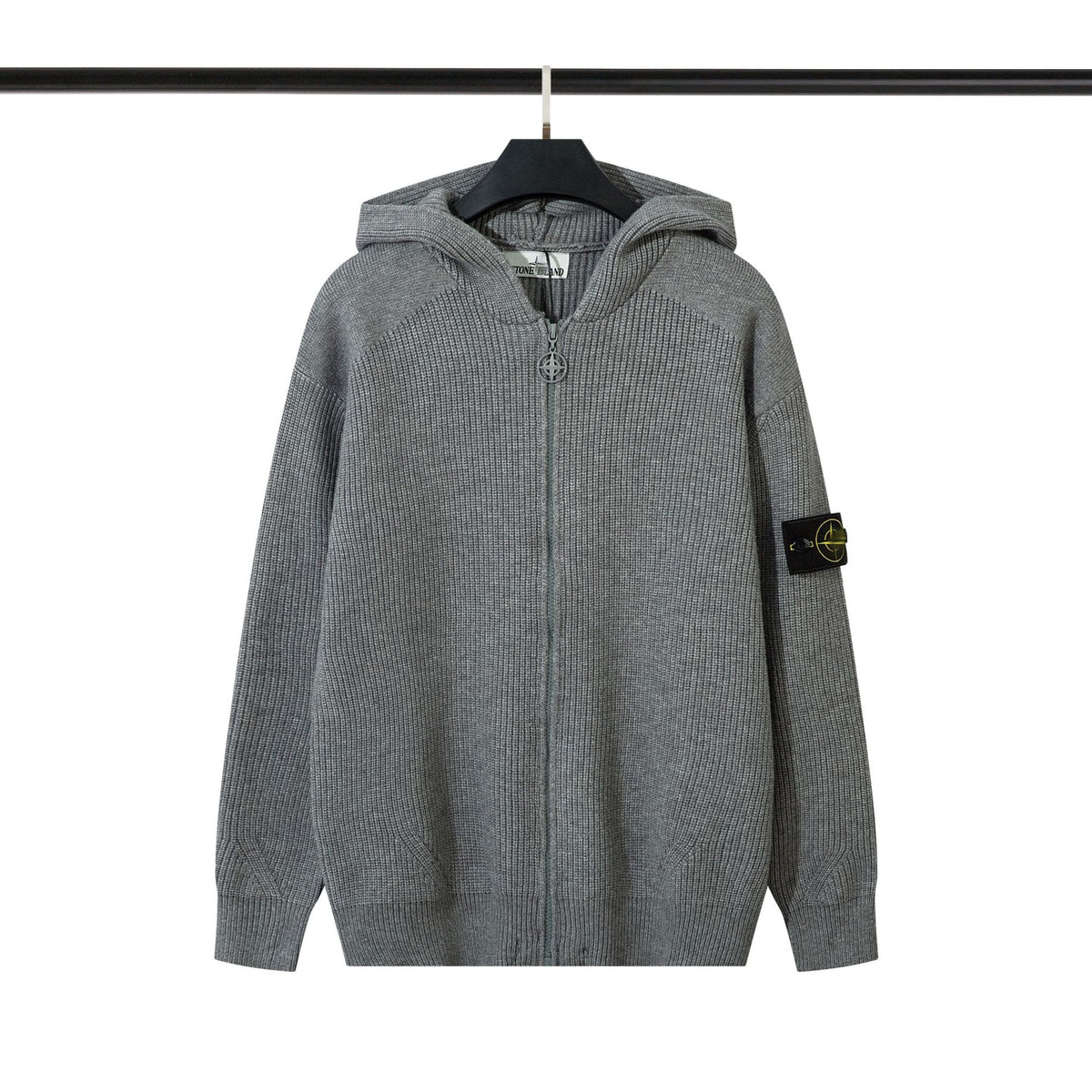 Ribbed Wool Crew Neck Sweatshirt in Light Gray with Embroidered Sleeve Detail