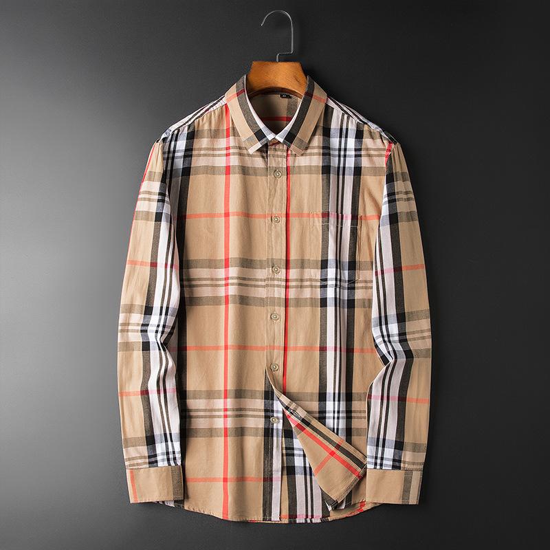 Beige and brown plaid long-sleeve cotton button-up shirt