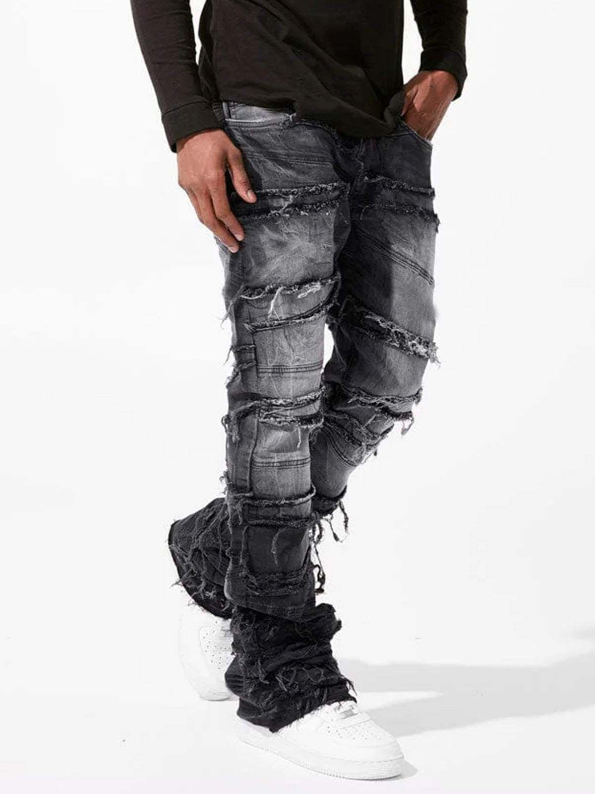 Distressed Patchwork Denim Straight Leg Jeans