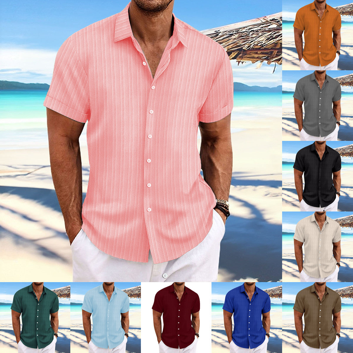 Jacquard striped short-sleeve cotton linen shirt
