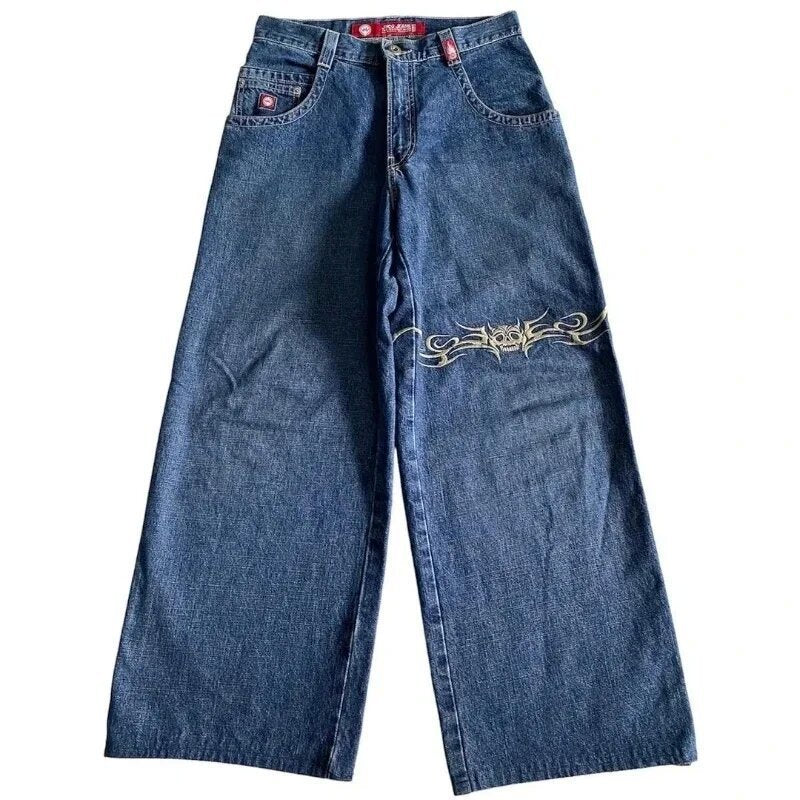 Baggy denim jeans with embroidered back pocket graphics