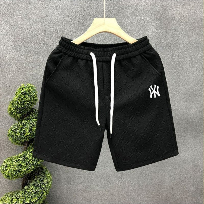 Black and White Waffle-Textured Mid-Length Cotton Shorts