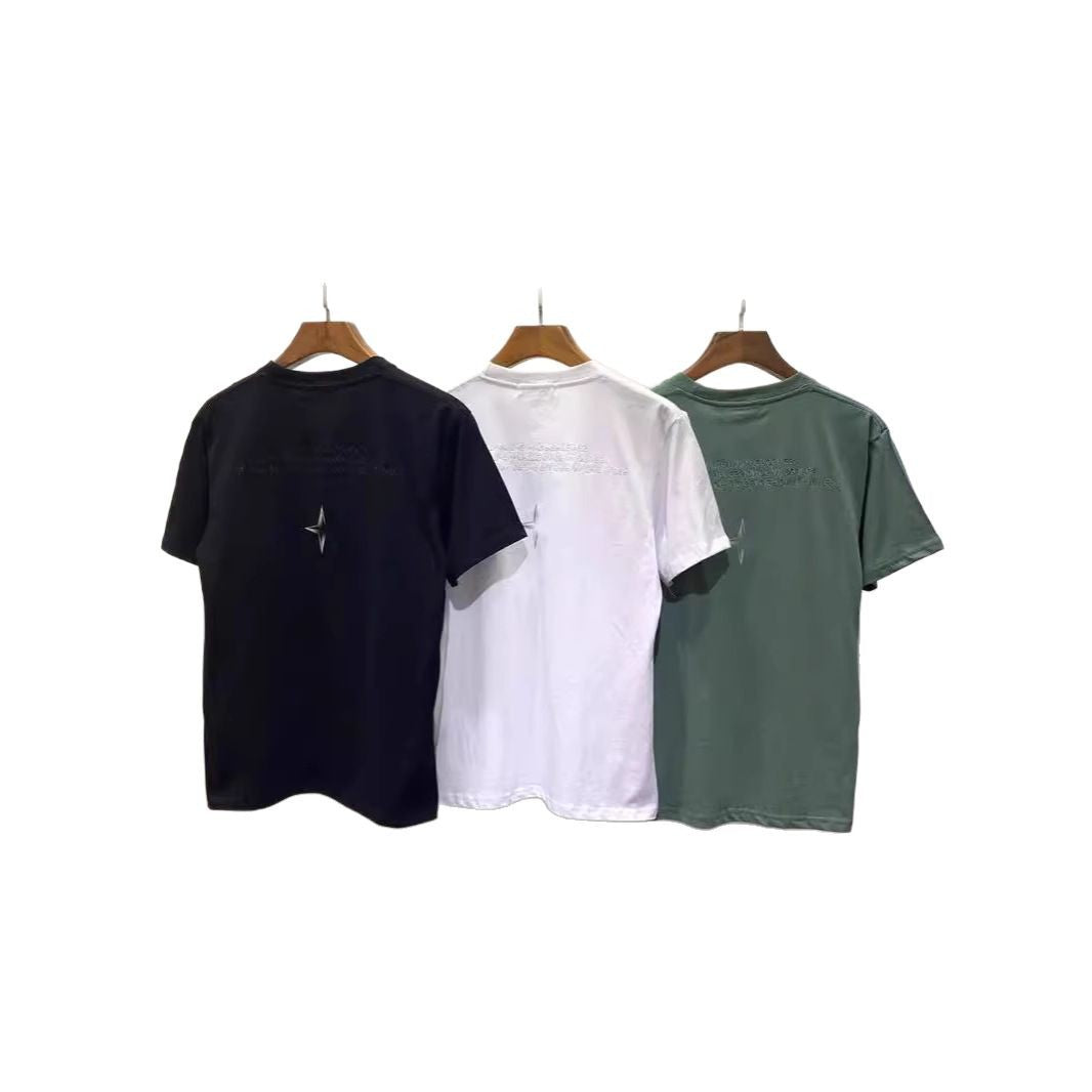 Crew-neck short-sleeve cotton T-shirt with embroidered star motif and reflective thread detail