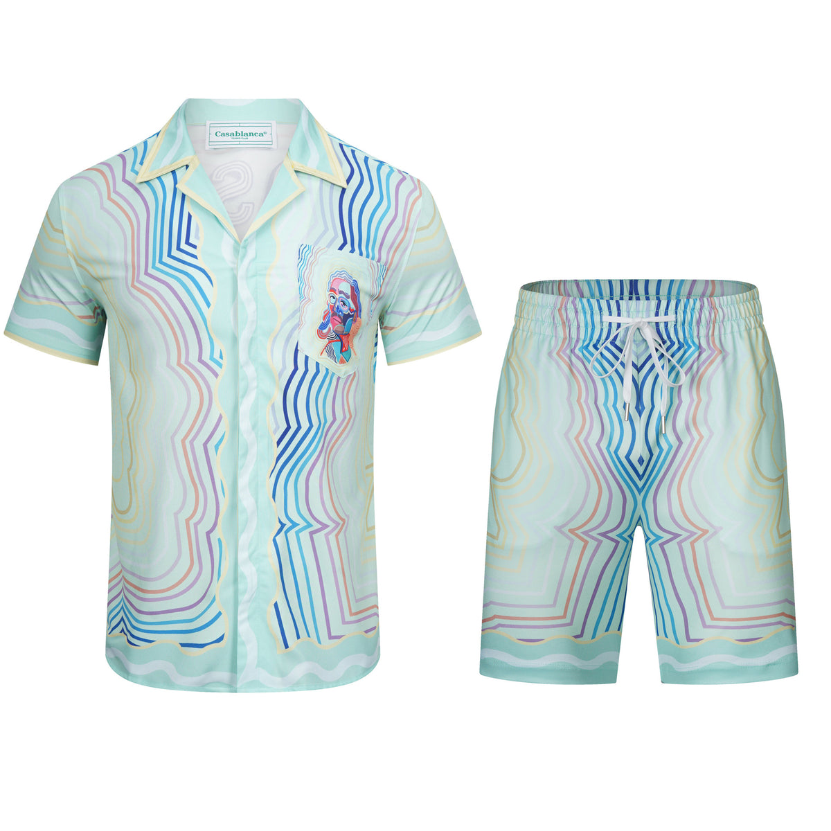 Abstract Wave Print Short Sleeve Cotton Shirt