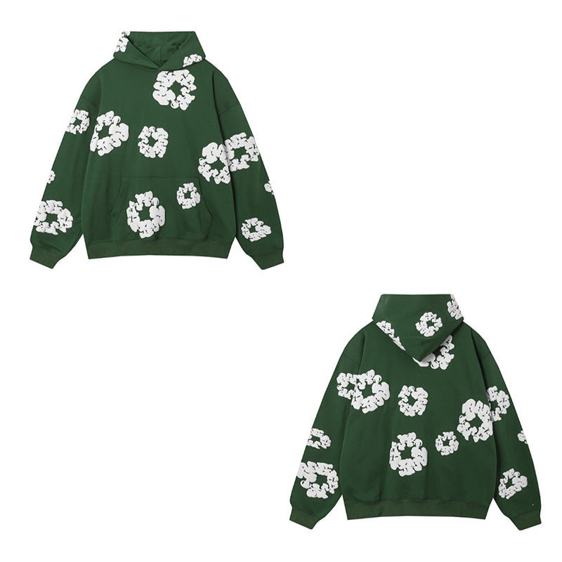 Floral foam-print pullover hoodie with hood and relaxed fit