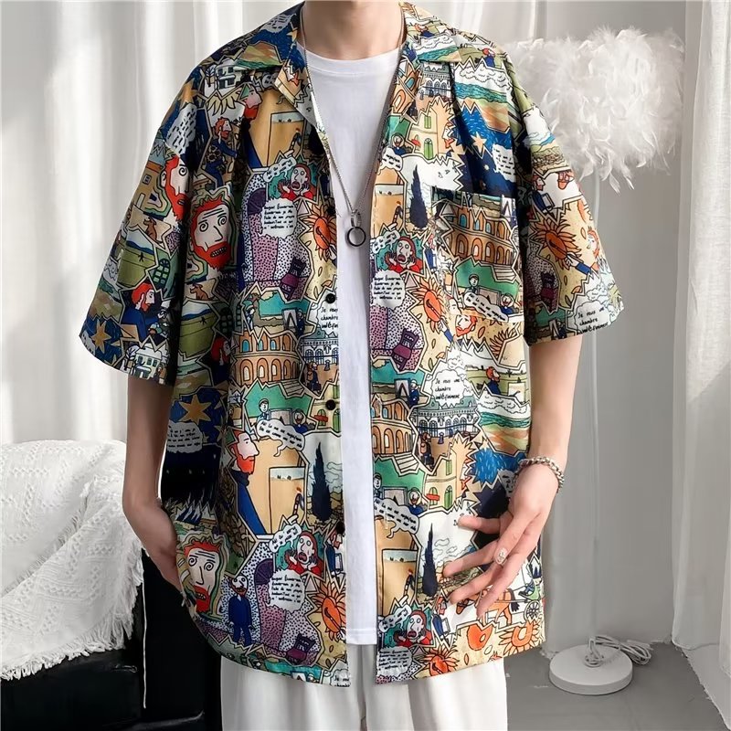 yellow tropical-leaf-print-short-slee