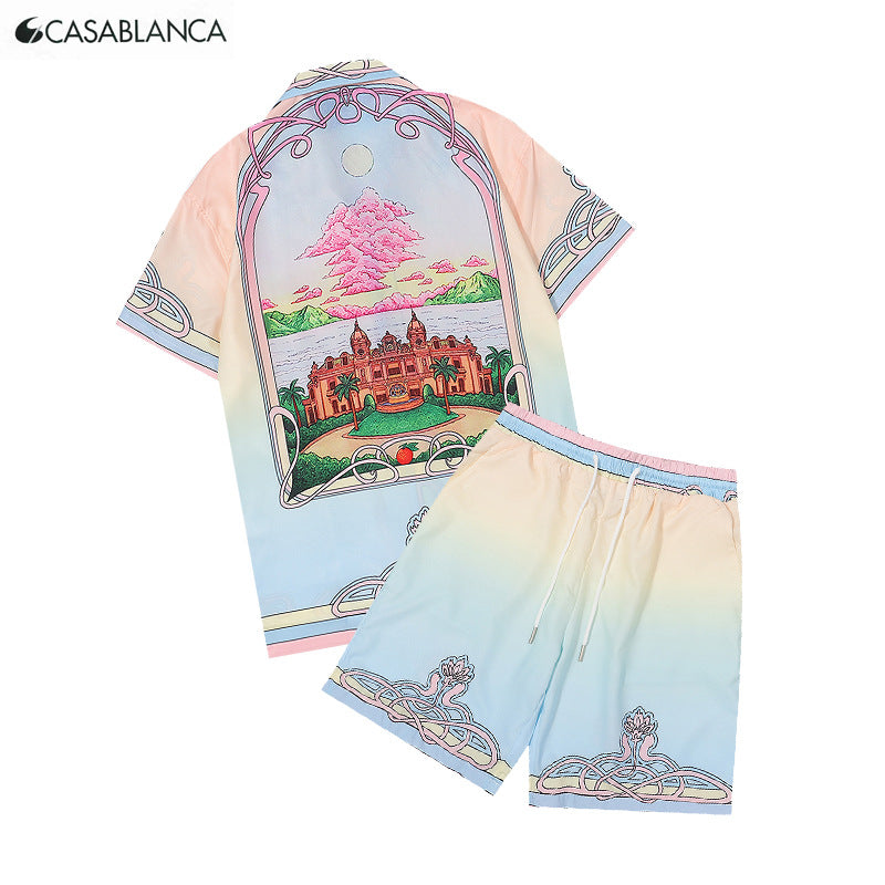 Abstract Wave Print Short Sleeve Cotton Shirt