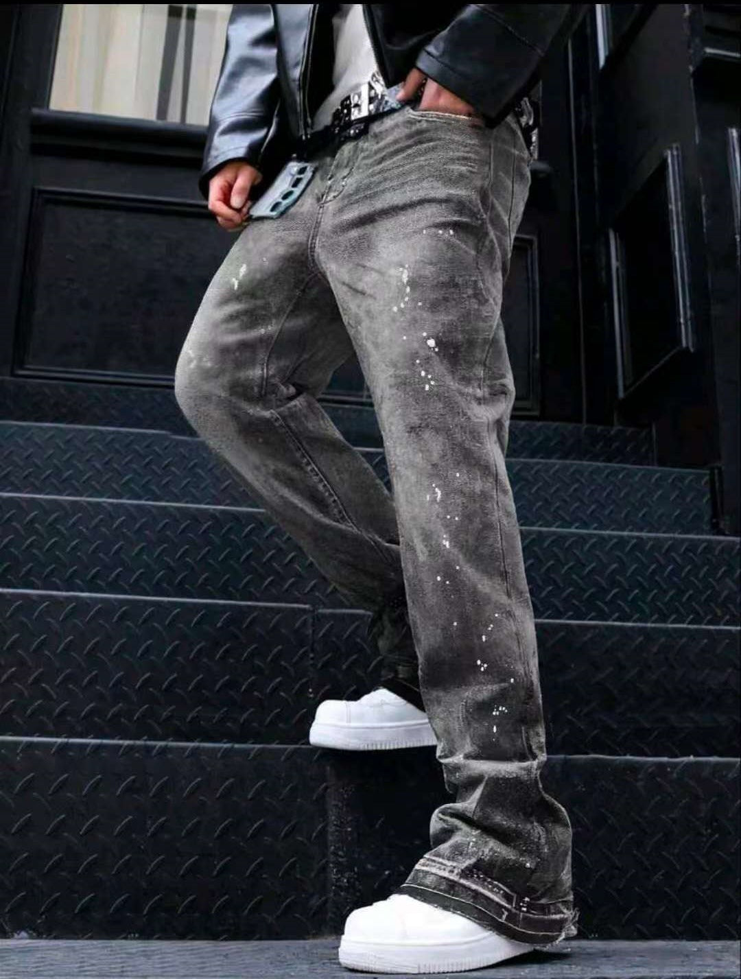 Gray and blue splatter-effect cuffed stretch jeans