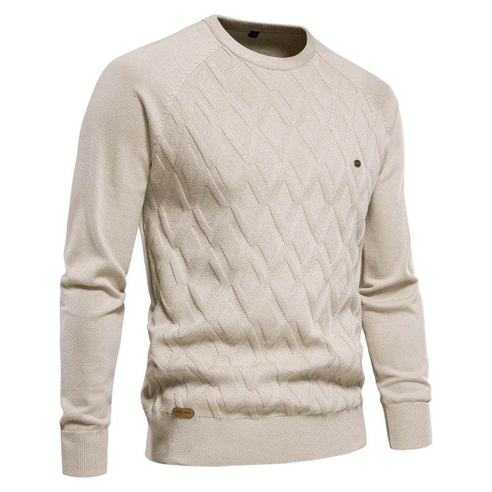 Diamond-Knit Cotton Crewneck Sweater in Khaki, Black, Green, Blue, Red, or Brown