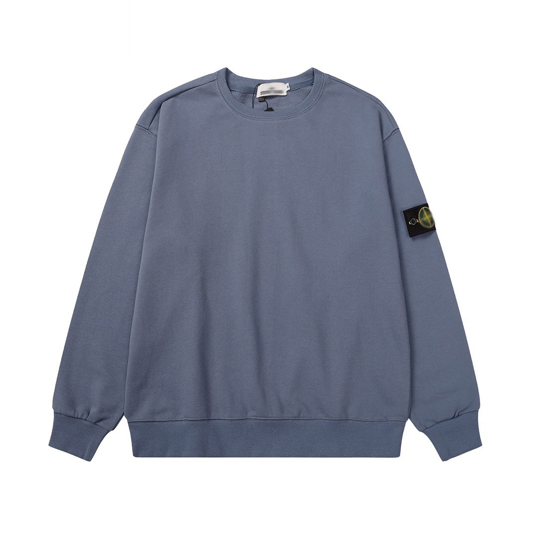 Solid-color hooded zip-up jacket with embroidered badge