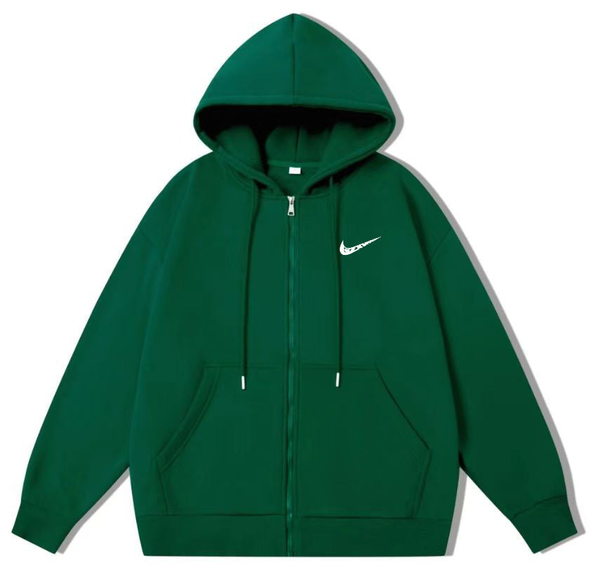 Black full-zip fleece-lined hoodie with drawstrings and kangaroo pocket
