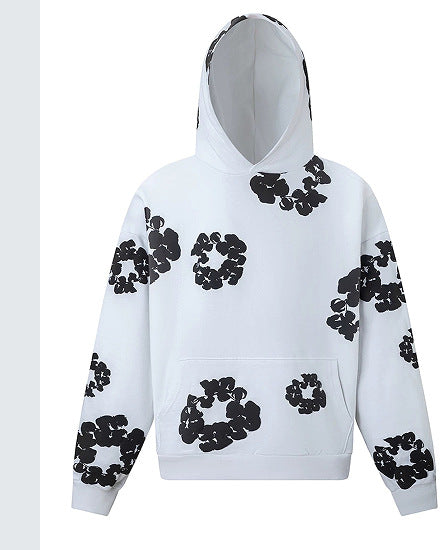 Black cotton hoodie with abstract white floral print and front pouch pocket